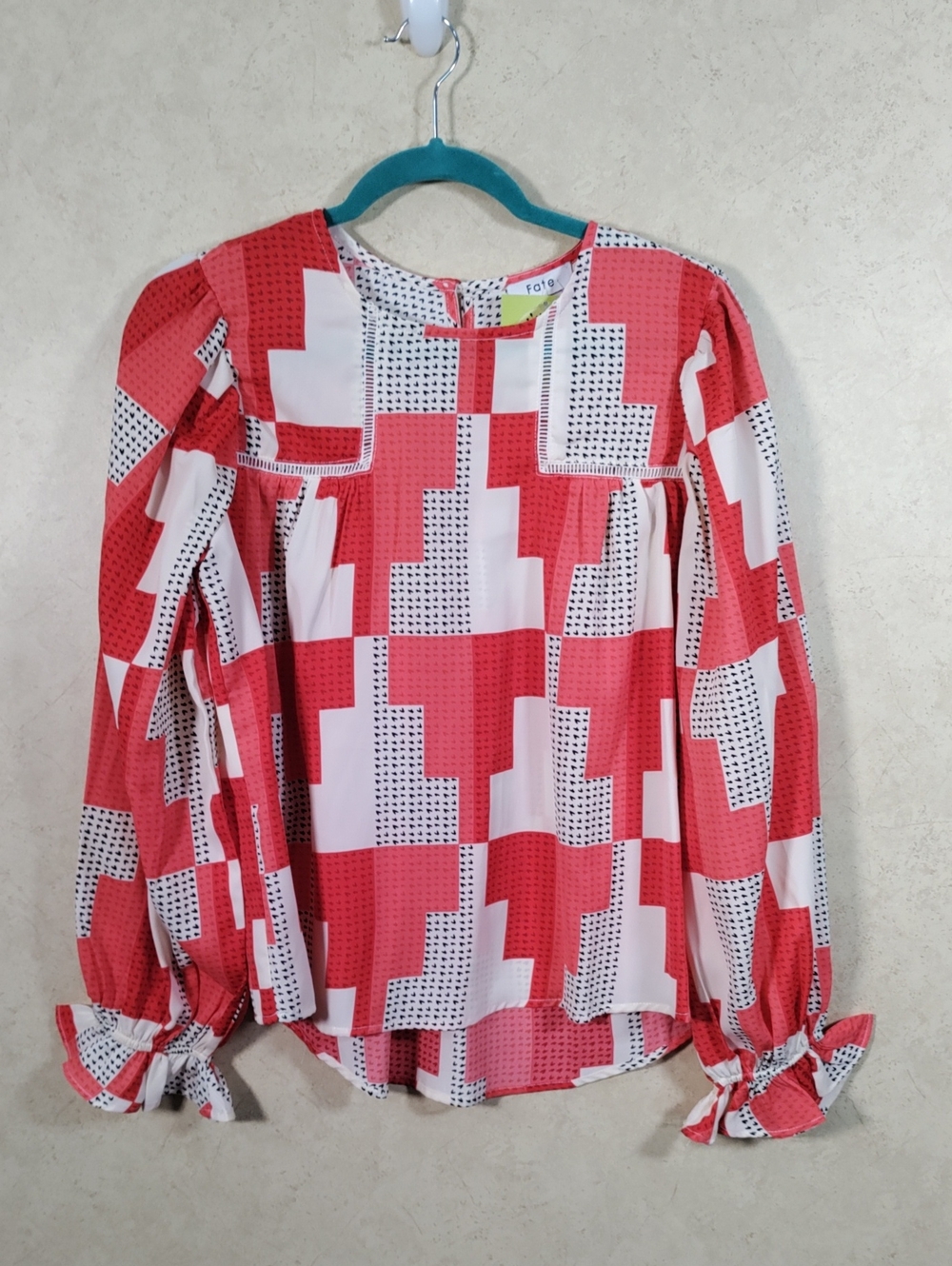 G128 Fate coral, red & cream geometric check L/S blouse S NWT